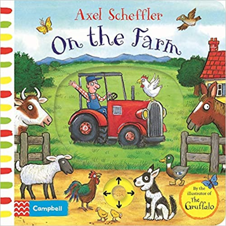 Axel Scheffler On the Farm: A push, pull, slide book Board book - Книга на английски език с твърди корици с елементи за избутване